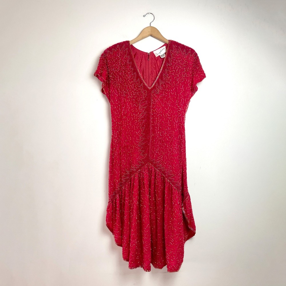 Vintage Red Beaded Silk Dress V-Neck Large Formal Evening Gatsby Holiday Glam